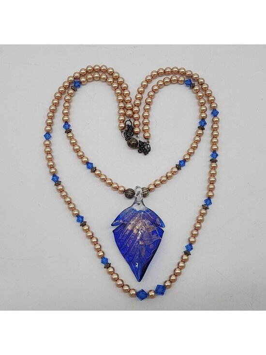 Unbranded Jewelry - Two Strand Pendant Necklace Blue Murano Style Glass Leaf Faux Pearl Crystal